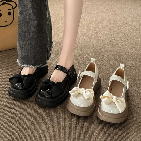 可爱厚底米白玛丽珍鞋子女2023新款夏季百搭增高日系蝴蝶结小皮鞋商品大图