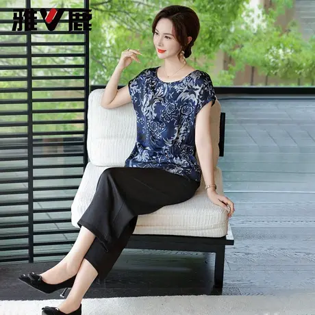 雅鹿中老年套装休闲印花妈妈装2025夏新款简约圆领短袖女装两件套图片