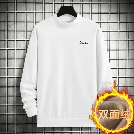 白色卫衣男秋冬款加绒保暖半高领潮流百搭无帽双面绒中领长袖t恤商品大图