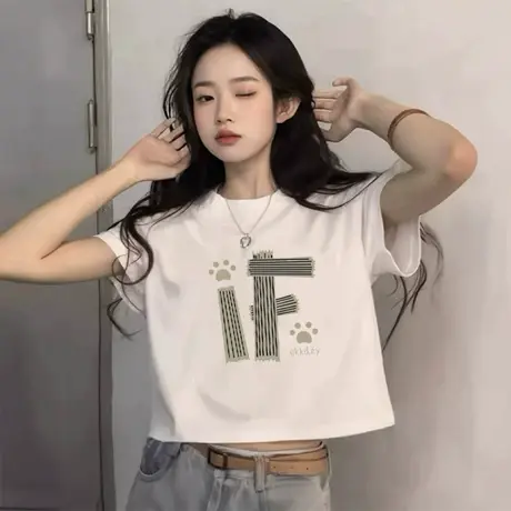 白色短款t恤女夏季正肩2025新款爆款设计感修身显瘦百搭短袖上衣图片
