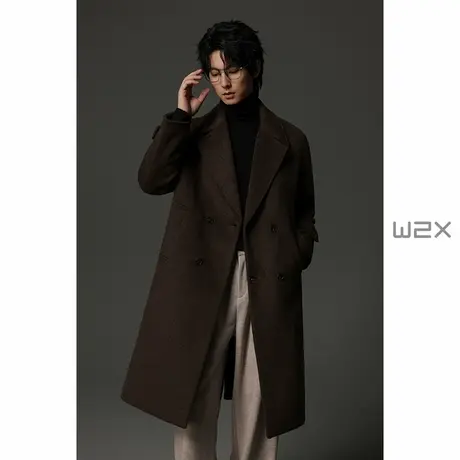 w2x秋冬季颗粒感双排扣羊毛呢子大衣男中长款高级感痞帅休闲外套图片