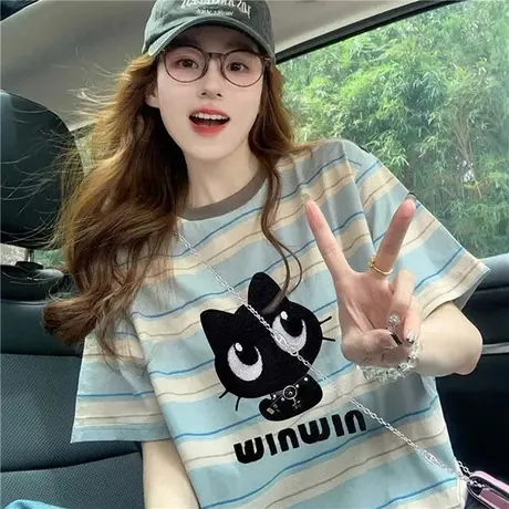 卡通撞色条纹短袖t恤女2025新款夏季美式宽松洋气减龄学院风上衣图片