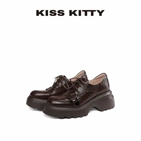 KISSKITTY小皮鞋女2025年新款真皮软不累脚棕色系带厚底英伦深口商品大图