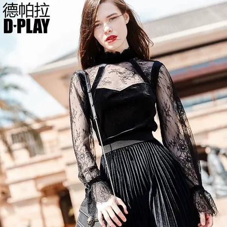 DPLAY德帕拉春欧美黑色半透丝绒蕾丝性感热卖小衫时尚气质上衣商品大图
