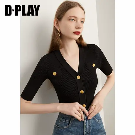 DPLAY春季新款复古法式经典黑色金属纽扣装饰短款修身毛衣商品大图