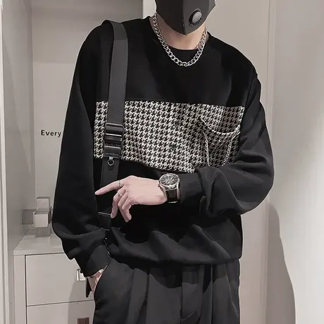 秋季千鸟格印花拼接卫衣小众高级感圆领上衣小香风长袖打底体恤衫商品大图