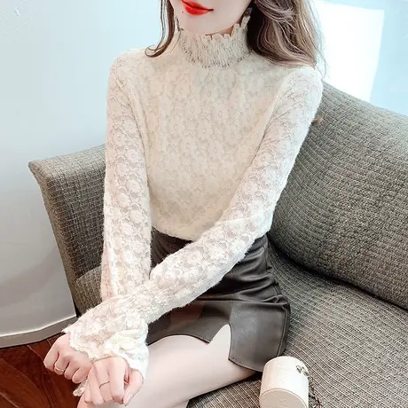 今年流行新款加绒加厚蕾丝打底衫女2023冬季漂亮洋气内搭保暖小衫商品大图