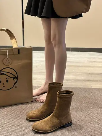 复古黑色低跟短靴女2023秋冬新款圆头磨砂平底袜靴弹力瘦瘦时装靴商品大图