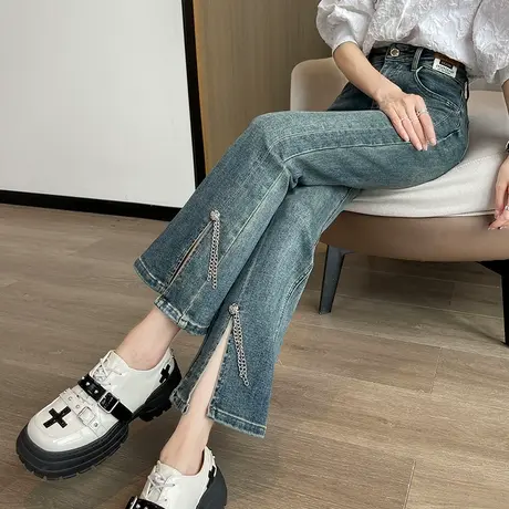 开衩微喇牛仔裤女春秋2023新款设计感小众时尚百搭高腰显瘦喇叭裤商品大图