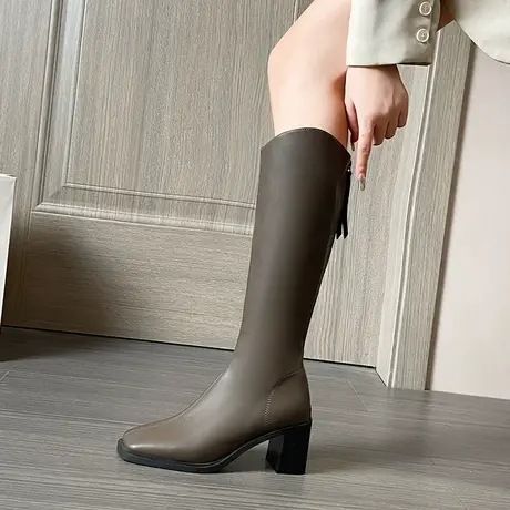 靴子女长靴时装高跟2023年新款配裙子气质洋气v口粗跟显瘦女靴子图片