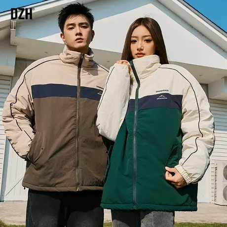 情侣美式拼接立领棉服男潮冬季2023年新款情侣款加厚保暖棉衣外套商品大图