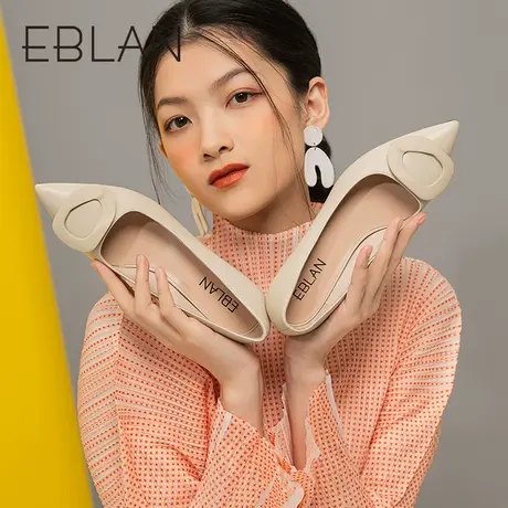 EBLAN伊伴春季款尖头方扣浅口单鞋女真皮简约粗跟中跟舒适通勤鞋商品大图