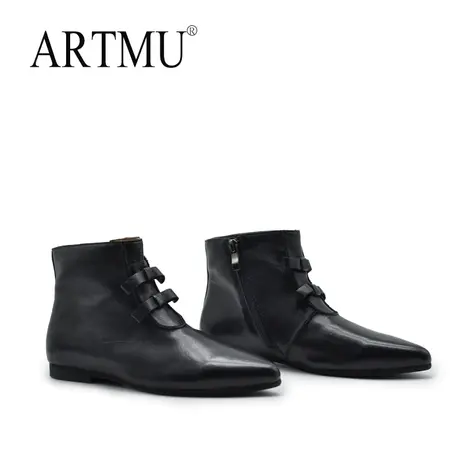 Artmu阿木原创复古尖头平底短靴蝴蝶结踝靴2023新款真皮女靴子图片