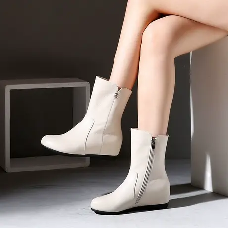 秋冬牛皮短靴平底中筒靴内增高女靴真皮休闲女士侧拉链马丁靴圆头商品大图