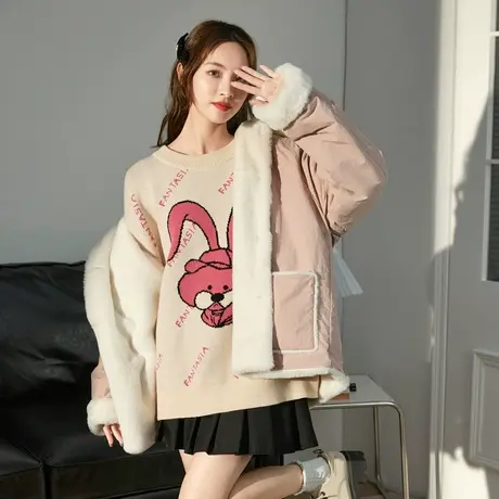 嘿怕兔女士毛衣唐狮秋冬新款凯伊莱文满印圆领毛衣可爱减龄毛线衫图片