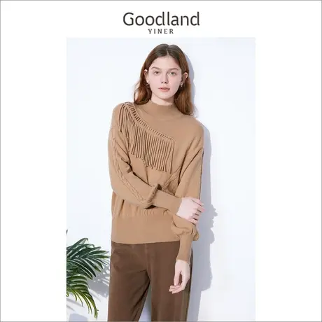 *Goodland美地女装冬季慵懒风圆领含羊绒羊毛针织衫套头商品大图