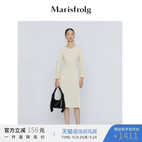 玛丝菲尔2022年春季新款米白色荷叶边长袖圆领连衣裙长款图片