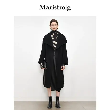 【艺术时装大衣】玛丝菲尔秋季新款黑色翻领双面呢羊毛大衣商品大图