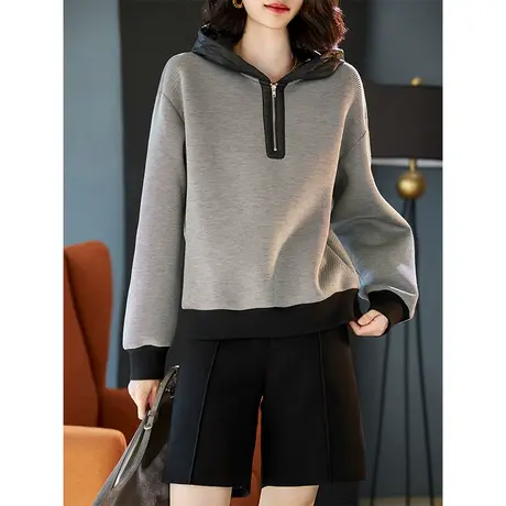 宝诗黎套头连帽拼接卫衣女秋冬季2023新款落肩长袖休闲上衣短外套图片