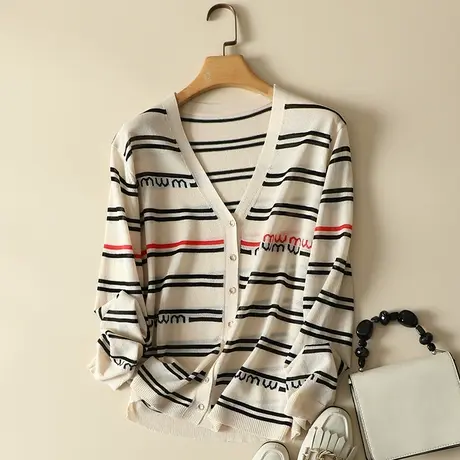 清仓！2024款女装春装薄冰丝针织防晒空调开衫外搭韩版条纹长袖商品大图