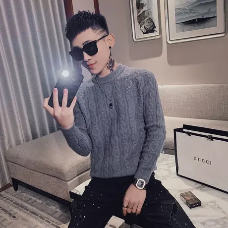 冬季男士毛衣针织衫线衣修身套头潮流社会小伙加厚保暖纯色打底衫商品大图