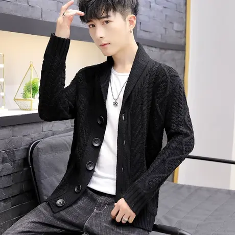 加绒加厚针织夹克外套男士潮流韩版宽松翻领休闲春秋冬季开衫毛衣商品大图