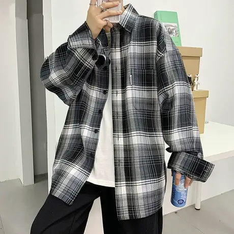格子衬衫男长袖春秋季潮流衬衣男外套薄款港风宽松寸衫青少年衣服商品大图