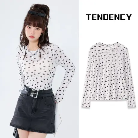 VR真维斯网纱打底衫长袖t恤女夏季2023新款圆领碎花修身防晒上衣V商品大图