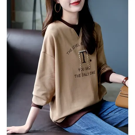 宝诗黎圆领宽松落肩字母刺绣链条卫衣女2023新款复古百搭长袖上衣商品大图