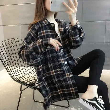 衬衫女2023秋装新款复古港味磨毛格子衬衣宽松显瘦慵懒长袖上衣潮图片