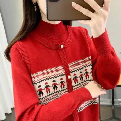 半高领毛衣女内搭打底衫2023秋冬新款套头假两件针织衫加厚上衣潮商品大图