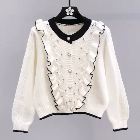 小香风钉珠荷叶边毛衣外套女秋冬2023新款日系甜美长袖针织开衫商品大图