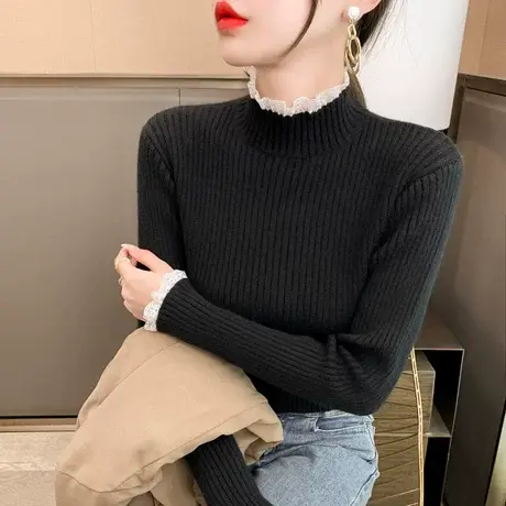 2023年秋冬新款蕾丝半高领毛衣女韩版打底衫女弹力修身套头针织衫商品大图