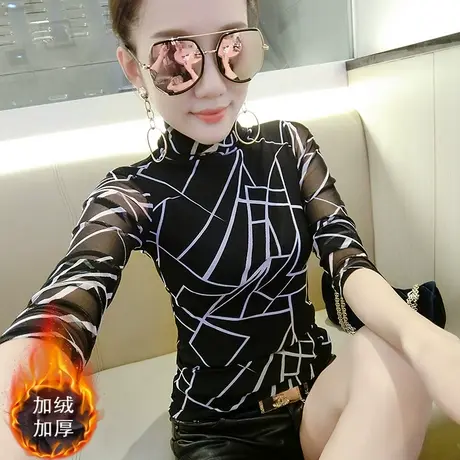 加绒加厚打底衫女长袖秋冬高领网纱T恤女修身百搭内堆堆领上衣潮商品大图