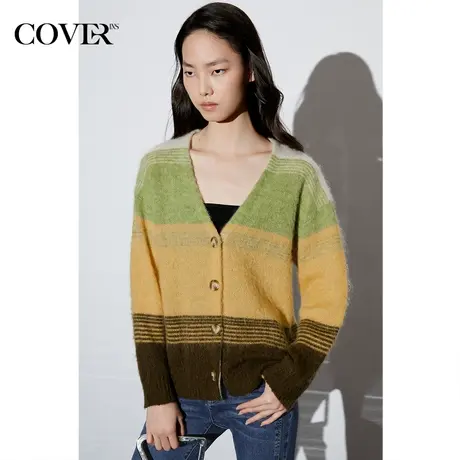COVER春季落肩马海毛条纹间色开衫毛衣商品大图