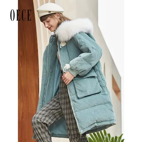 Oece冬装新款女法式大毛领连帽羽绒服中长款加厚外套商品大图