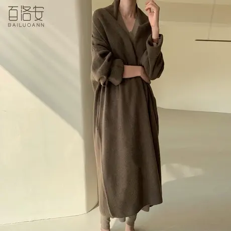 百洛安长款过膝毛衣外套女冬装新款翻领宽松大码针织大衣外搭厚款图片