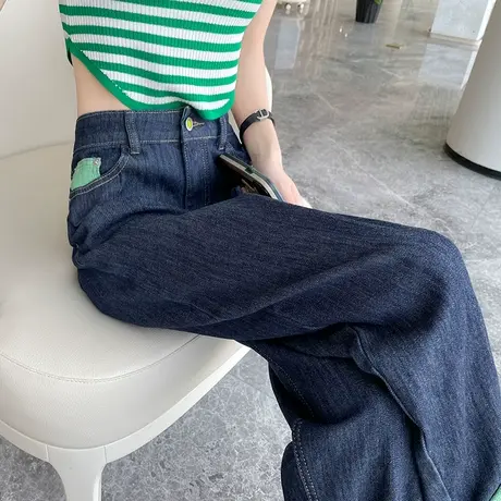 老爹牛仔裤女2024年春季新款高腰宽松显瘦卷边撞色ins九分哈伦裤商品大图