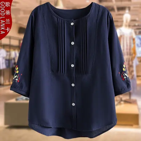 中年妈妈装春夏七分袖衬衫新款洋气时尚加肥加大码女绣花纯棉上衣商品大图