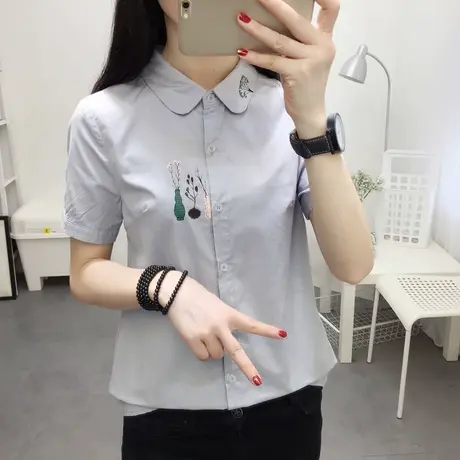 春夏款上衣韩版文艺小清新印花polo衫纯棉长袖衬衫女短袖白色衬衣商品大图