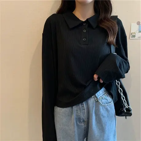 大码女装长袖t恤宽松内搭打底衫新款秋冬胖mm黑色polo显瘦上衣女图片