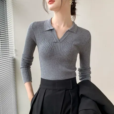 海鸥领针织衫女2023秋冬新款长袖修身外穿上衣翻领百搭坑条打底衫图片