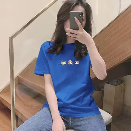 纯棉短袖t恤女夏季克莱因蓝色新款宽松ins潮半袖打底内搭正肩上衣图片