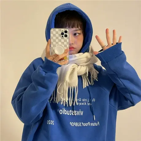 红续克莱因蓝加绒连帽卫衣女小个子oversize秋冬新款加厚宽松外套商品大图