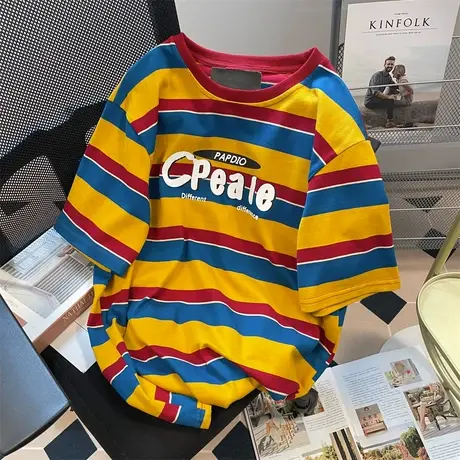 2023美式复古学院风情侣条纹t恤女夏短袖国潮chic国潮小个子上衣商品大图