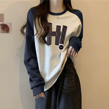 ins超火无帽卫衣女春秋薄款韩版宽松潮牌插肩长袖拼接上衣外套潮商品大图