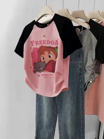 韩版chic学院风短款插肩袖T恤女夏修身撞色上衣ins潮闺蜜休闲短袖商品大图