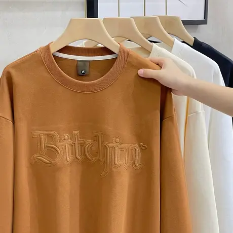 2023重磅纯棉卫衣男春秋季潮牌刺绣圆领长袖上衣美式宽松休闲外套商品大图