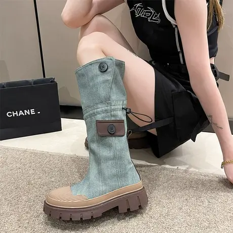 西部牛仔靴子女长筒靴2023新款复古小个子厚底美式马丁高筒骑士靴商品大图