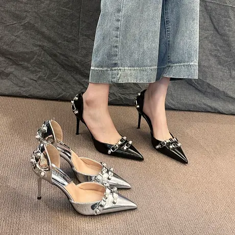 高跟鞋女2023秋季新款中空尖头法式扣带鞋子通勤高级感一脚蹬单鞋商品大图